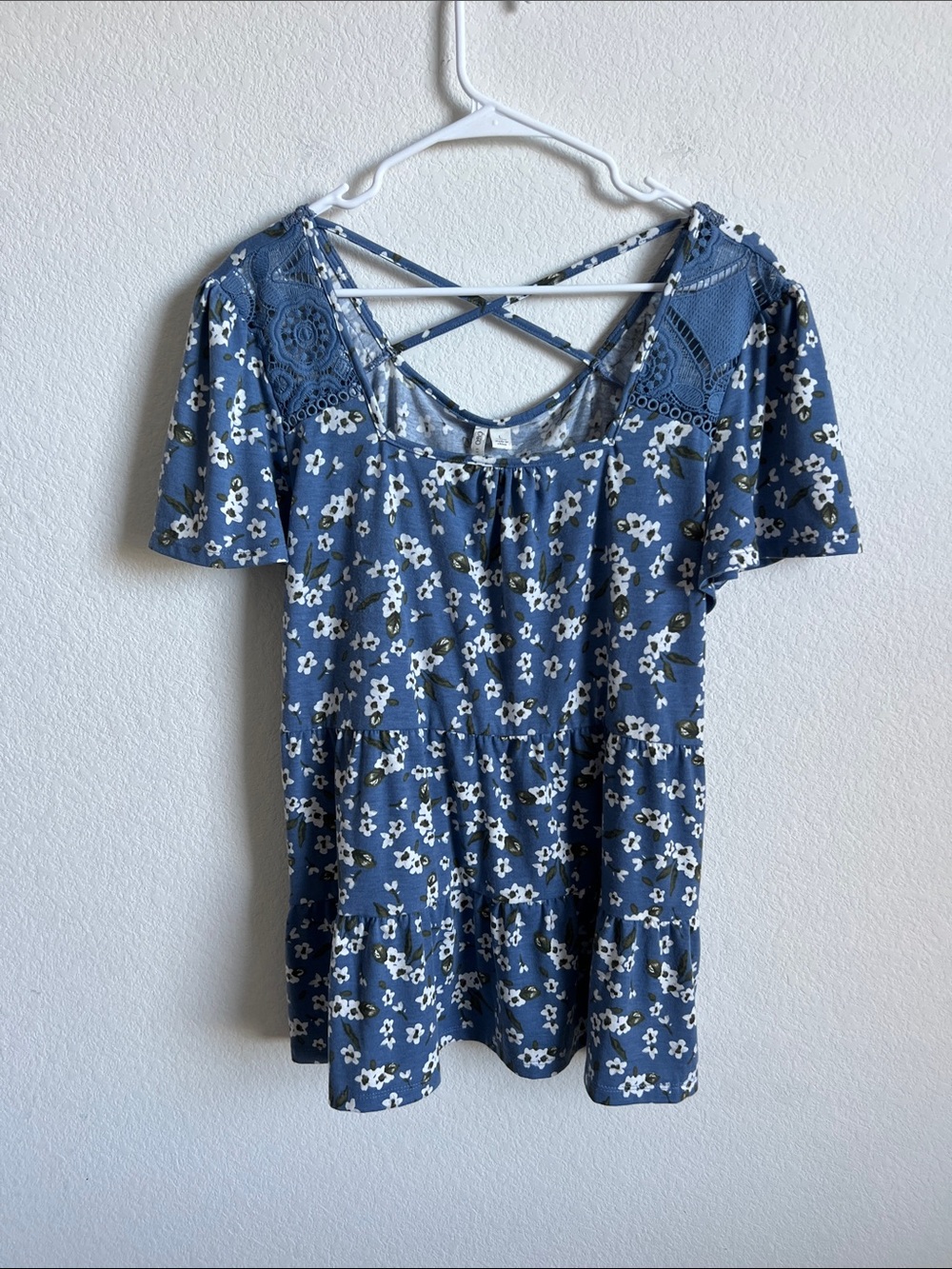 Cato Blue Floral Lace-Yoke Peplum Tunic